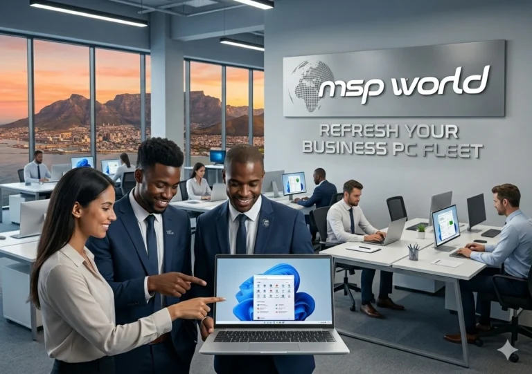 Old office desktop computer next to a new Windows 11 laptop