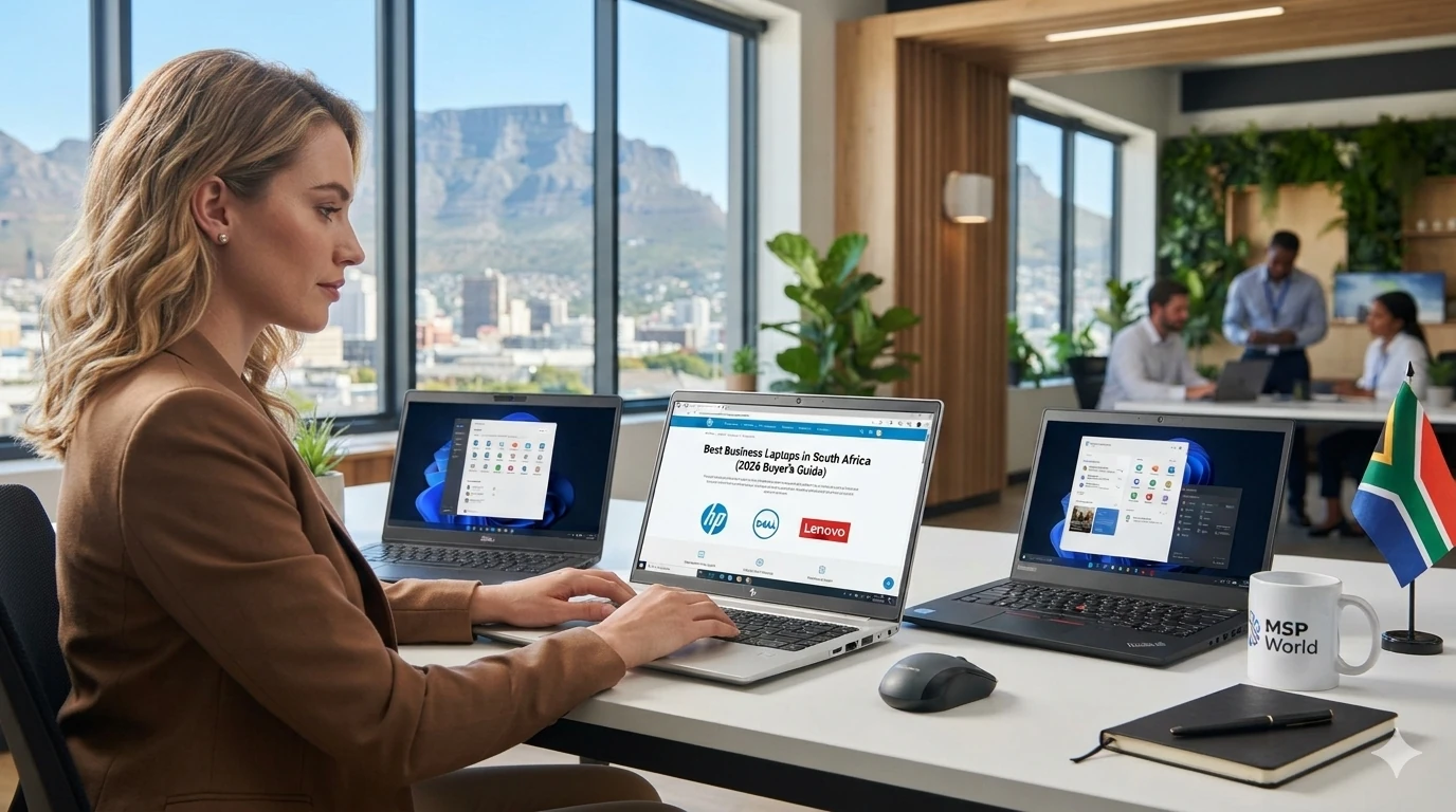 Business professional working on a laptop in a South African office